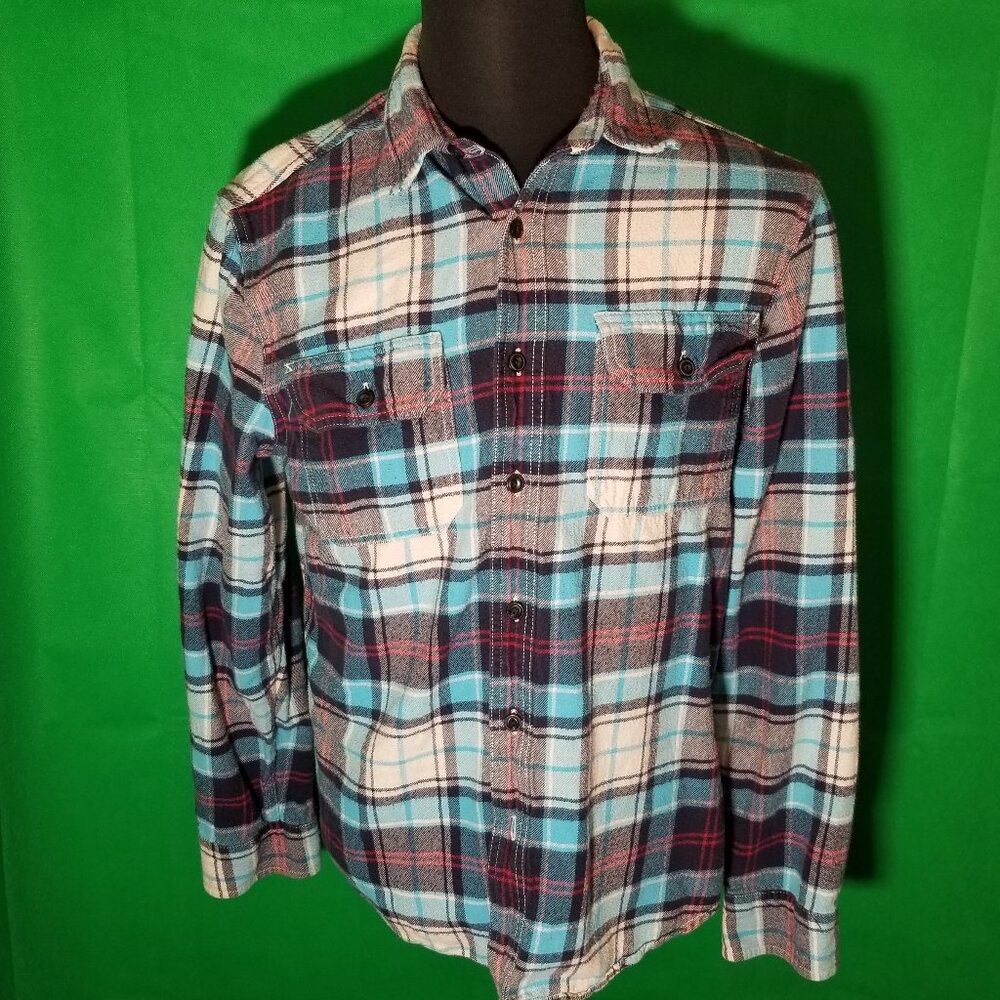 American Eagle Men Large Teal Plaid Heritage Flannel Classic Warm 2015 Heavy